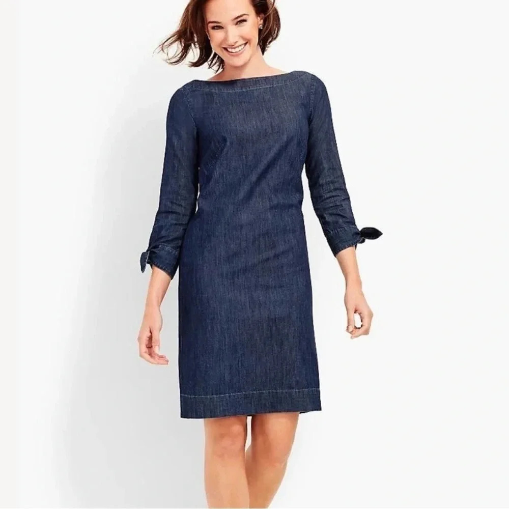 Talbots Chambray Preppy Career Tie Sleeve Boat Neck Dress